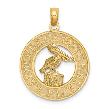 14k Yellow Gold Textured Lauderdale-By-The-Sea Fl with Pelican Pendant
