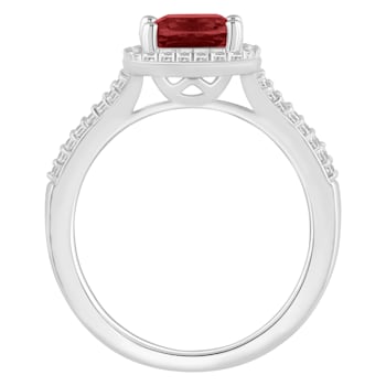 7mm Cushion Garnet 1/4 ctw Diamond Rhodium Over Sterling Silver Halo Ring