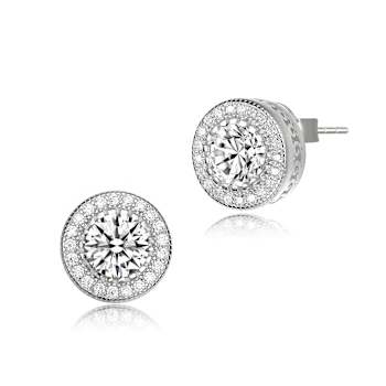 CZ Halo Stud Earrings In Rhodium Over Brass