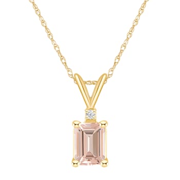 7x5mm Emerald Cut Morganite with Diamond Accent 14k Yellow Gold Pendant
With Chain