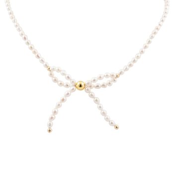 Cultured Freshwater Pearl Bow Necklace with Gold-Tone Brass Accents