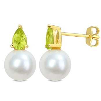 4/5 CT TGW Peridot and 8.5-9MM Freshwater Cultured Pearl Earrings in
Yellow Plated Sterling Silver