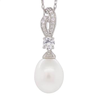 10-10.5mm Off-Round White Freshwater Pearl, Cubic Zirconia Sterling
Silver Drop Pendant with Chain