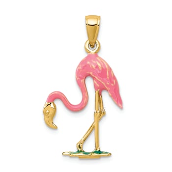 14k Yellow Gold Multi-color Enameled 3D Pink Flamingo Pendant