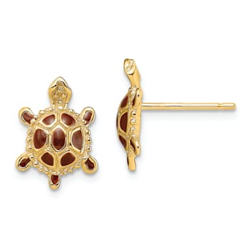 14k Yellow Gold Textured Sea Turtle with Spiny Brown Enamel Shell Earrings