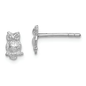 Rhodium Over Sterling Silver Polished and Textured Owl Post Earrings