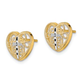 14K Yellow Gold and Rhodium Over 14K Yellow Gold Textured Filigree Cross
Center Heart Stud Earrings