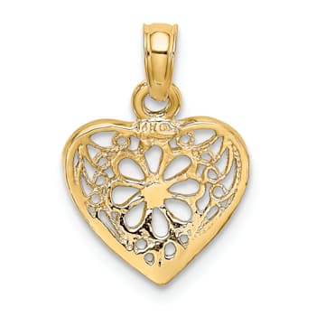 14k Yellow Gold 2D Filigree Heart with Flower Design Charm