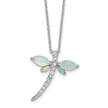 Rhodium Over Sterling Silver Lab Created Opal and Cubic Zirconia Dragonfly