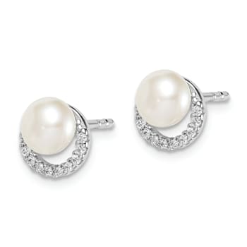 Rhodium Over Sterling Silver Freshwater Cultured Pearl Cubic Zirconia
Post Earrings