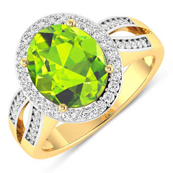 4.24 ctw Oval Green Peridot and Diamond 14K Yellow Gold Split Shank Halo Ring