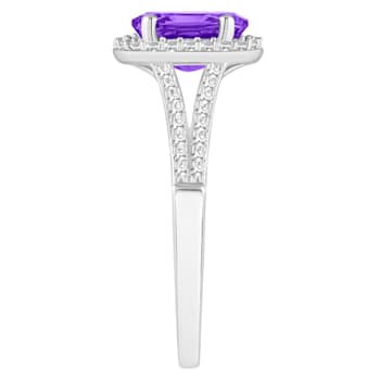 8x6mm Oval Amethyst 1/4 ctw Diamond Rhodium Over Sterling Silver Halo Ring