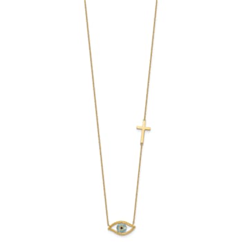 14K Yellow Gold Polished Cubic Zirconia Evil Eye and Cross 18-inch with
2-inch Extension Necklace
