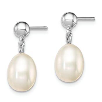 Rhodium Over Sterling Silver 7-8mm White Freshwater Cultured Pearl Earrings
