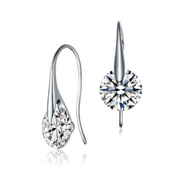 CZ Solitaire Drop Earrings In Rhodium Over Brass