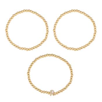 Initial R CZ Beaded Bracelet Set In 14K Gold Over Brass 0.14ctw