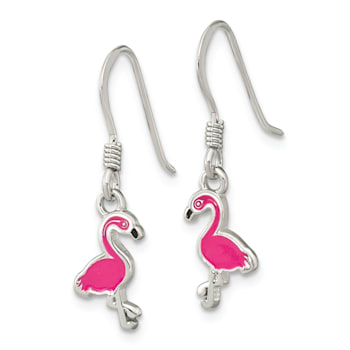 Rhodium Over Sterling Silver Black/Pink Enamel Flamingo Children's
Dangle Earrings