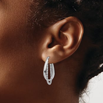 Rhodium Over Sterling Silver Twisted and Beaded Hoop Earrings