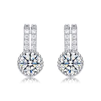 CZ Solitaire Milgrain Double Drop Earrings In White Rhodium Over Brass