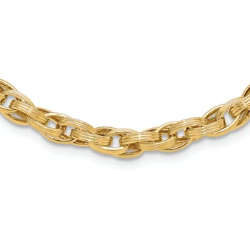 14K Yellow Gold Polished and Grooved Fancy Oval Link Necklace