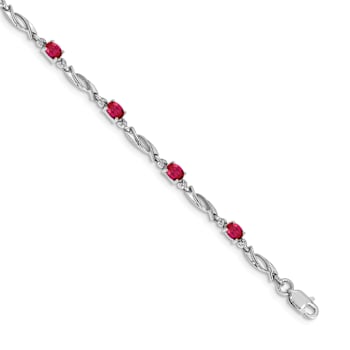 Rhodium Over 10k White Gold Diamond and Red Ruby Bracelet