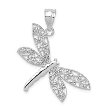 Rhodium Over 14k White Gold Diamond-Cut Filigree Textured Dragonfly Pendant