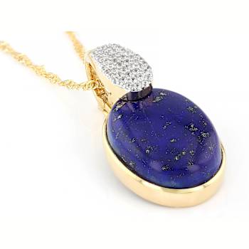 Lapis Lazuli Large Oval And White Zircon Pendant Necklace In 18K Gold
Over Sterling Silver 0.47ctw