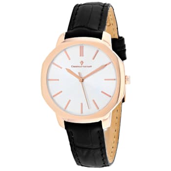 Christian Van Sant Women's Octave Slim White Dial, Rose Bezel, Black
Leather Strap Watch