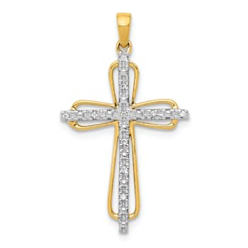 14K Yellow Gold and Rhodium 0.03ct. Diamond Cross Pendant