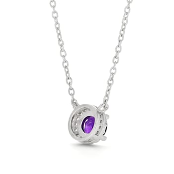 Dark Purple Amethyst with White Topaz Halo Rhodium Over Sterling Silver Necklace