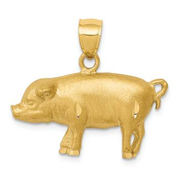 14k Yellow Gold Brushed and Diamond-Cut Pig Pendant