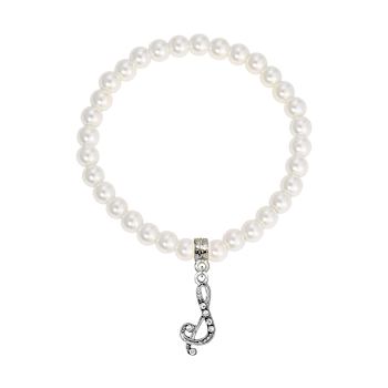 White Faux Pearl Bead Initial Charm Stretch Bracelet