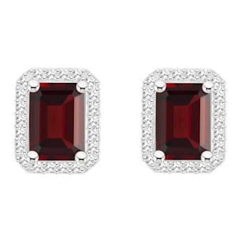 7x5mm Emerald Cut Garnet 1/5 ctw Diamond Rhodium Over Sterling Silver
Halo Stud Earrings