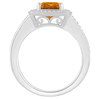7mm Cushion Citrine 1/4 ctw Diamond Rhodium Over Sterling Silver Halo Ring