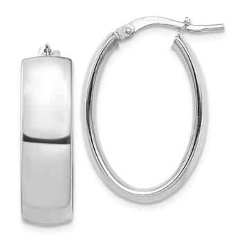 Rhodium Over 14k White Gold High Polished 1" Oval Hoop Earrings