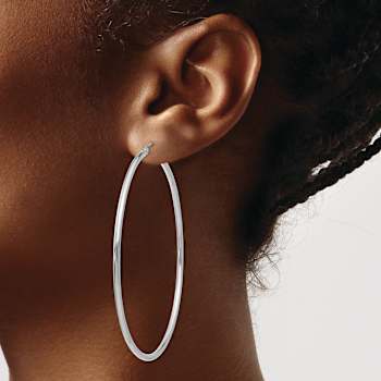 Rhodium Over 14k White Gold Polished 2 9/16" Tube Hoop Earrings