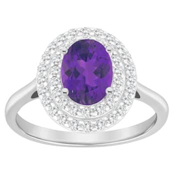 8x6mm Oval Amethyst And White Topaz Accents Rhodium Over Sterling Silver
Double Halo Ring