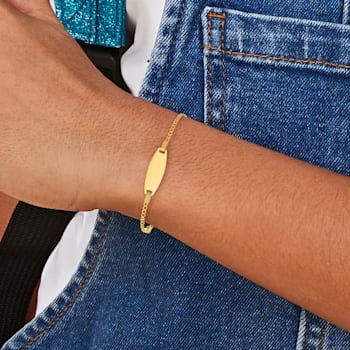 14k Yellow Gold Polished Kids ID with Pink Enameled Puffed Heart Bracelet