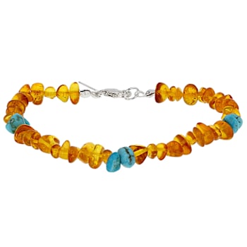Amber And Turquoise Beaded Sterling Silver Bracelet