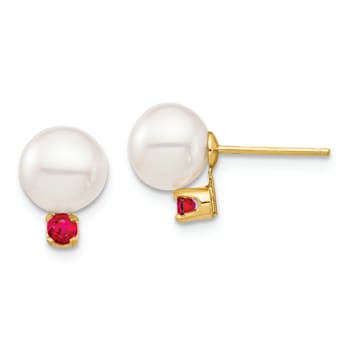 14K Yellow Gold 7-7.5mm White Round Freshwater Cultured Pearl Ruby Post Earrings