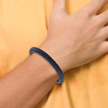 Blue Braided Leather and Stainless Steel Brushed 8.5-inch Bracelet