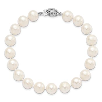 Rhodium Over Sterling Silver 8-9mm White Freshwater Cultured Pearl Bracelet