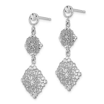 Rhodium Over 14k White Gold Diamond-Cut Filigree Medallion Dangle Earrings