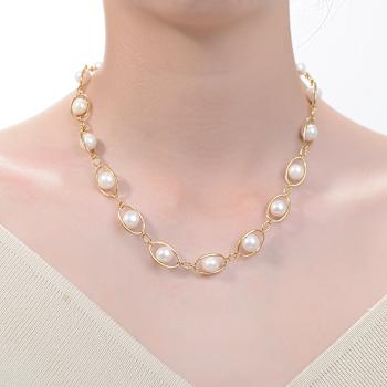 Freshwater Pearl And CZ Link Necklace In 14K Gold Over Sterling Silver
