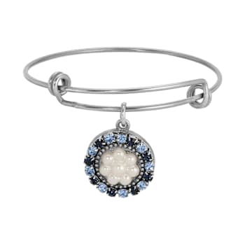 Silver Tone Round Blue Crystal Faux Floral Pearl Drop Bracelet