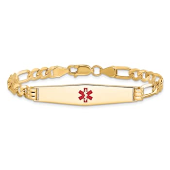 14k Yellow Gold Medical Soft Diamond Shape Red Enamel Flat Figaro Link
ID Bracelet