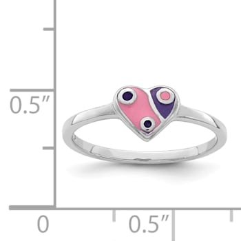 Rhodium Over Sterling Silver Pink and Purple Enameled Heart Children's Ring