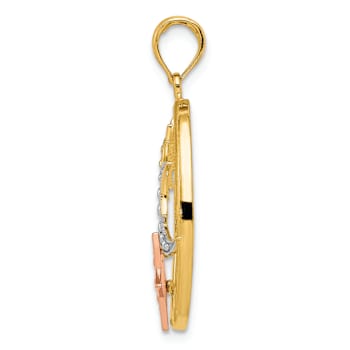 14K Tri-color Gold Textured Sun, Moon and Star Oval Pendant