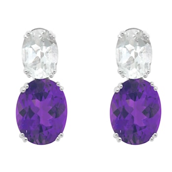 9x7mm Oval Amethyst And White Topaz Rhodium Over Sterling Silver Earrings