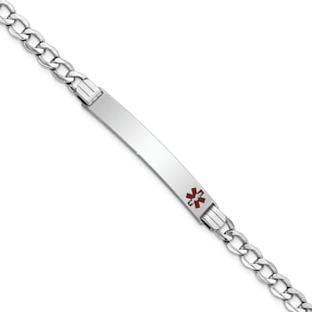 Rhodium Over 14k White Gold Medical Polished Red Enamel Curb Link ID Bracelet